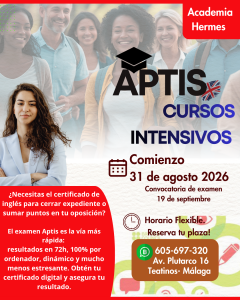 Nuevos cursos intensivos de APTIS GENERAL. Comenzamos 31 AGOSTO 2026.
Horarios flexibles
Reserva tu plaza
   